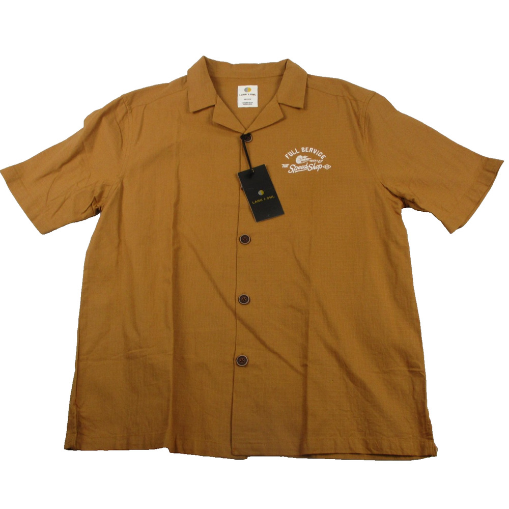 Lark & Owl Shirt Mens Med Brown Button Up Speed Shop Graphic Motorcycles 1327